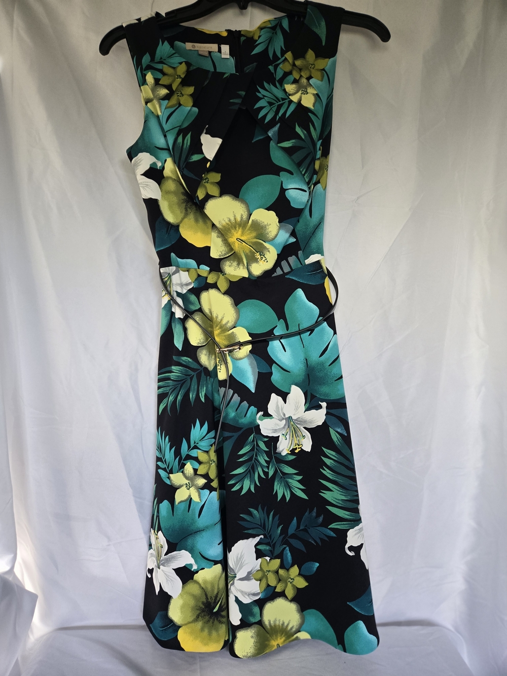 Signature Black Tropical Midi Dress with Teal & Yellow Floral Print